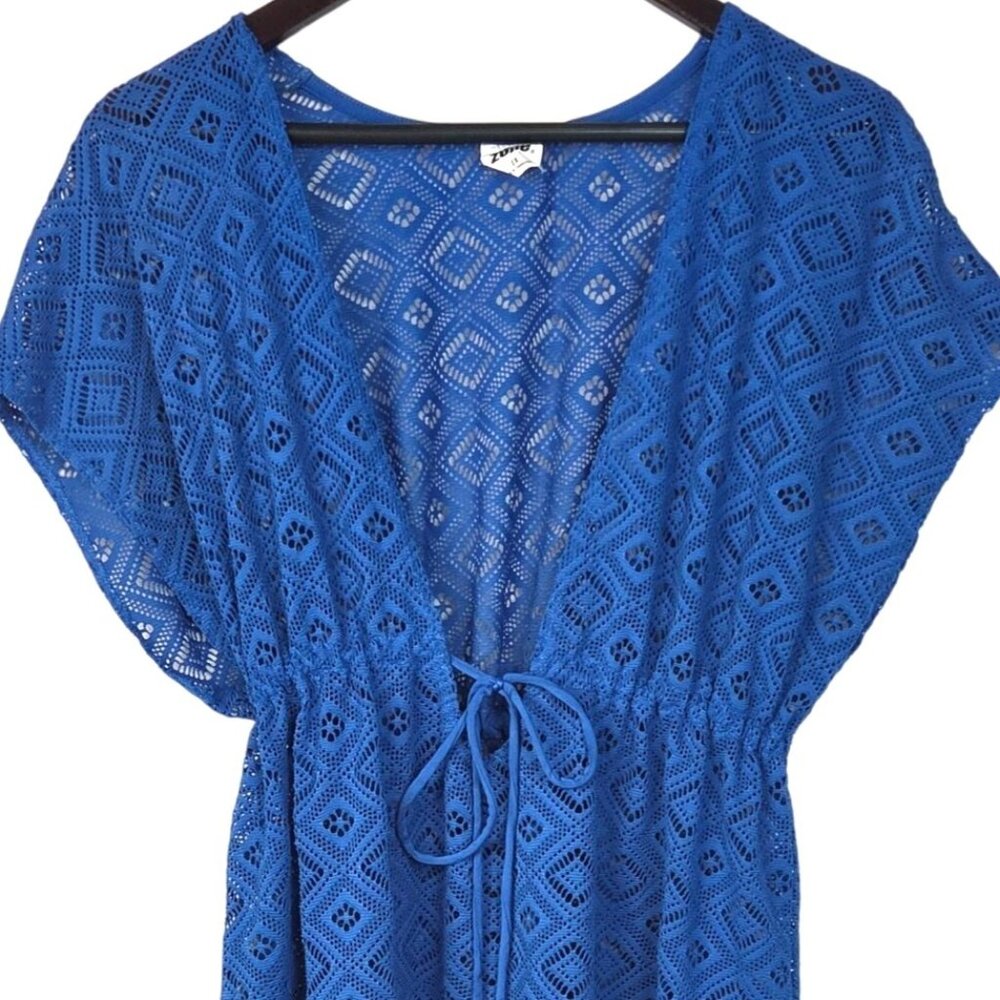 Wave Zone Blue Crochet Tie Waist V-Neck Beach Swimsuit Coverup Plus Size 1X - Picture 2 of 7